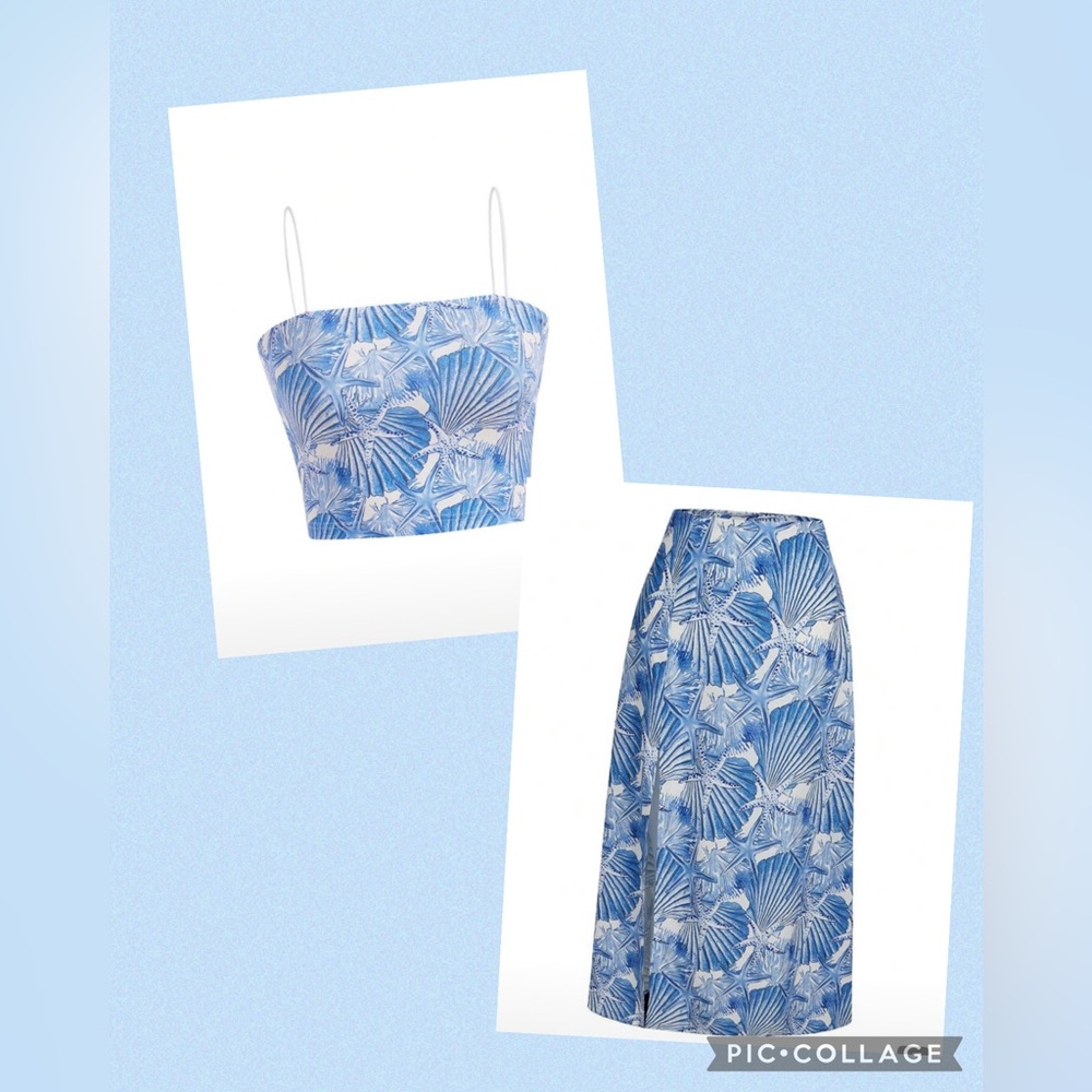 Blue Seashell Print Two-Piece Set - Crop Top & Midi Skirt